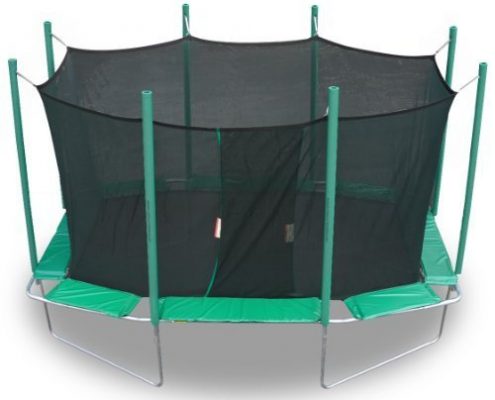 Green, octagonal trampoline with black safety net enclosure