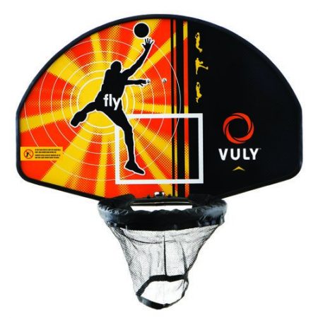 Close up look at a Vuly Basketball hoop with orange backboard and black rim