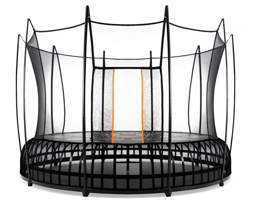03-thunder-hero-xl A 14 foot XL Vuly Thunder trampoline with black base and orange accent