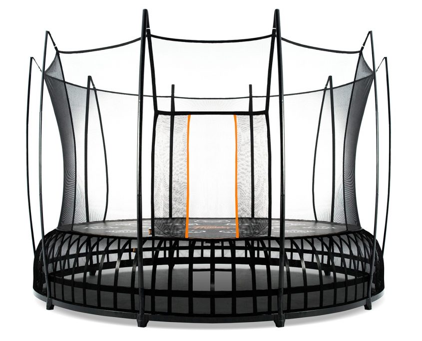 A 14 foot XL Vuly Thunder trampoline with black base and orange accent