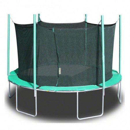 A green Air Trampoline, round with net on a white background