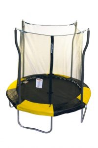A small, seven foot, yellow and black kids trampoline with safety net