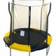 A small, seven foot, yellow and black kids trampoline with safety net