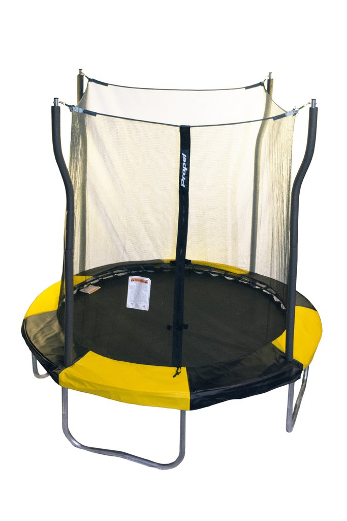 A small, seven foot, yellow and black kids trampoline with safety net