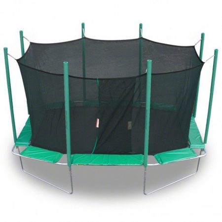 A green, rectangle Magic Circle trampoline with safety net enclosure against a white background