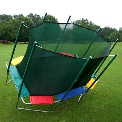 A red, green, yellow, and blue rectangle Magic Circle trampoline tips over.