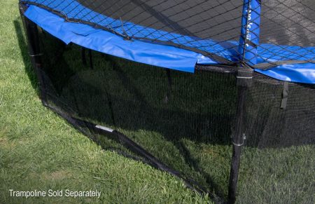 close up image of a blue trampoline pad and a black mesh safety skirt