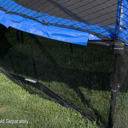 close up image of a blue trampoline pad and a black mesh safety skirt