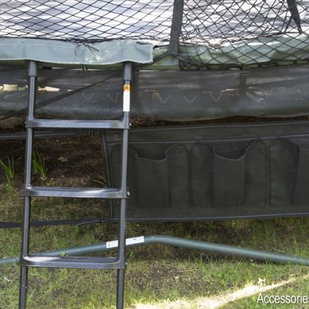 A trampoline, ladder, and shoe bag attached to the frame
