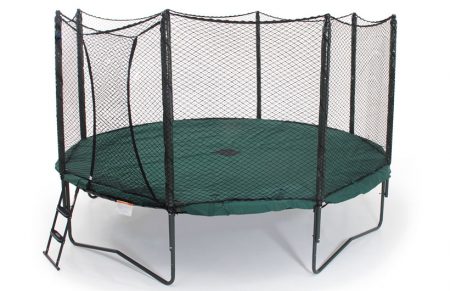a green trampoline weather cover installed on a 12' trampoline with safety enclosure