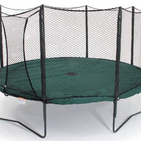 a green trampoline weather cover installed on a 12' trampoline with safety enclosure