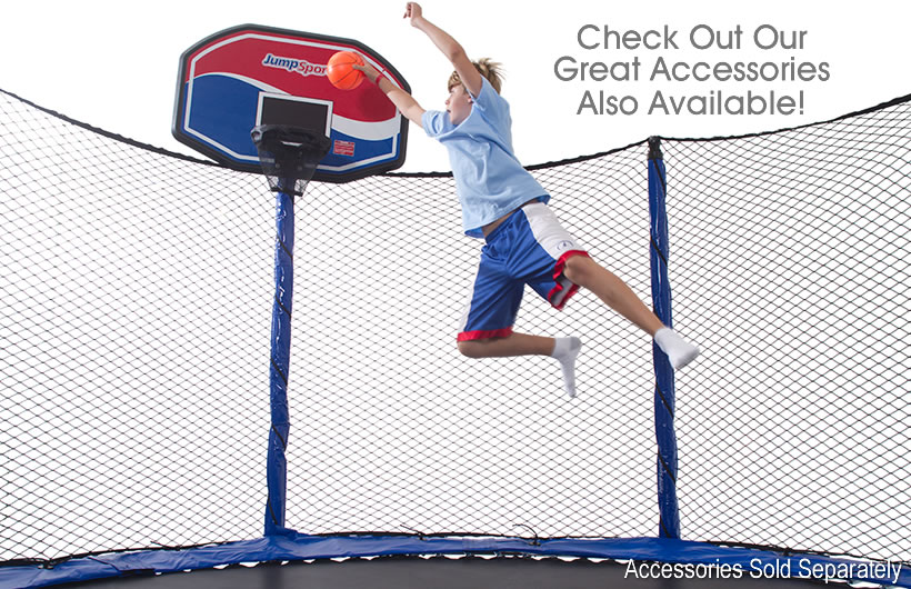 a kid dunking a basketball while jumping on a JumpSport trampoline