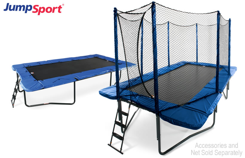 A blue, 10x17 rectangular trampoline with safety enclosure along an identical tramp without enclosure