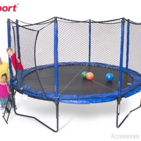 two kids and a man pose next to a JumpSport SoftBounce trampoline