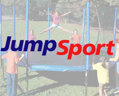 The JumpSport logo over a picture of a girl jumping on the trampoline
