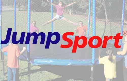 The JumpSport logo over a picture of a girl jumping on the trampoline