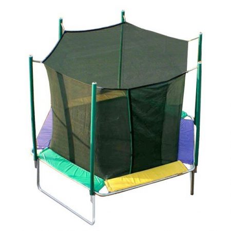 A small, colorful trampoline with net on white background