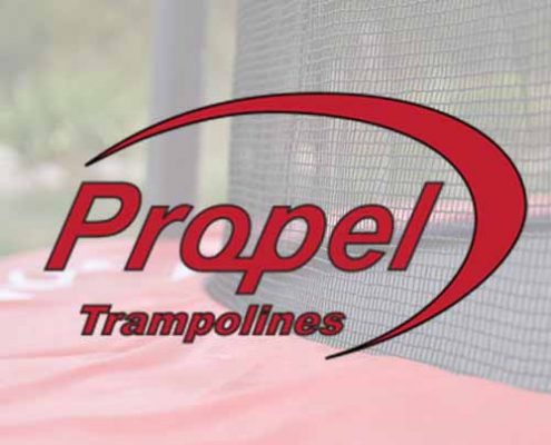 The Propel Trampolines logo superimposed over a blurry picture of a spring pad protector