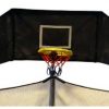 A trampoline basketball hoop with black backboard, yellow rim, and red, white, and blue net