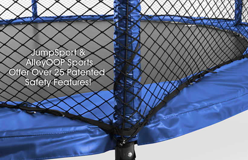 A close up picture of the safety net pole of a JumpSport trampoline