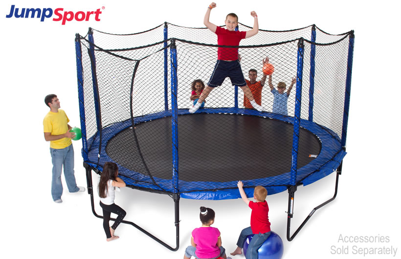 a kid flexing his muscles, while a group of kids watch him jump on a JumpSport trampoline