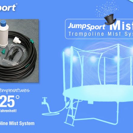 a diagram of the jumpsport mister spraying a 14' trampoline with water