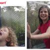 two pictures of little girls getting sprayed by a trampoline mister
