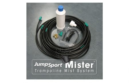 A picture of a trampoline mister with 25' of hose, seven nozzles, a filter, and 22 cable ties