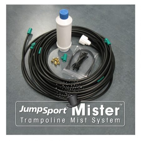 A picture of a trampoline mister with 25' of hose, seven nozzles, a filter, and 22 cable ties