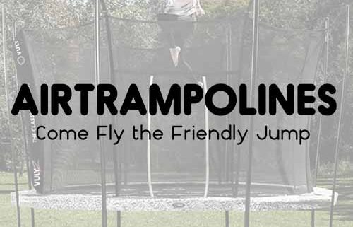 The AirTrampolines logo against a blurred picture of a girl jumping on a Vuly 2 trampoline