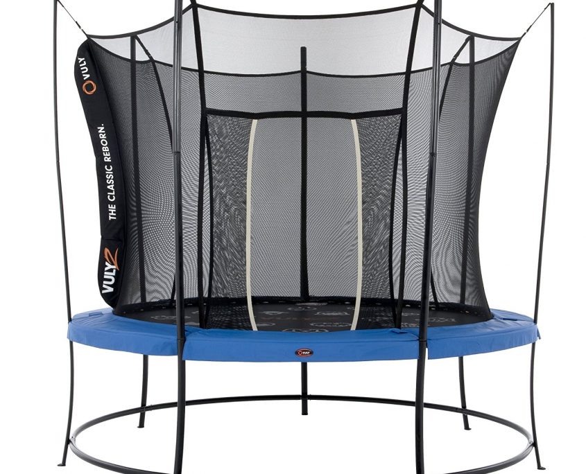 A 10 foot Vuly 2 trampoline with black base, blue safety pad, and black safety enclosure