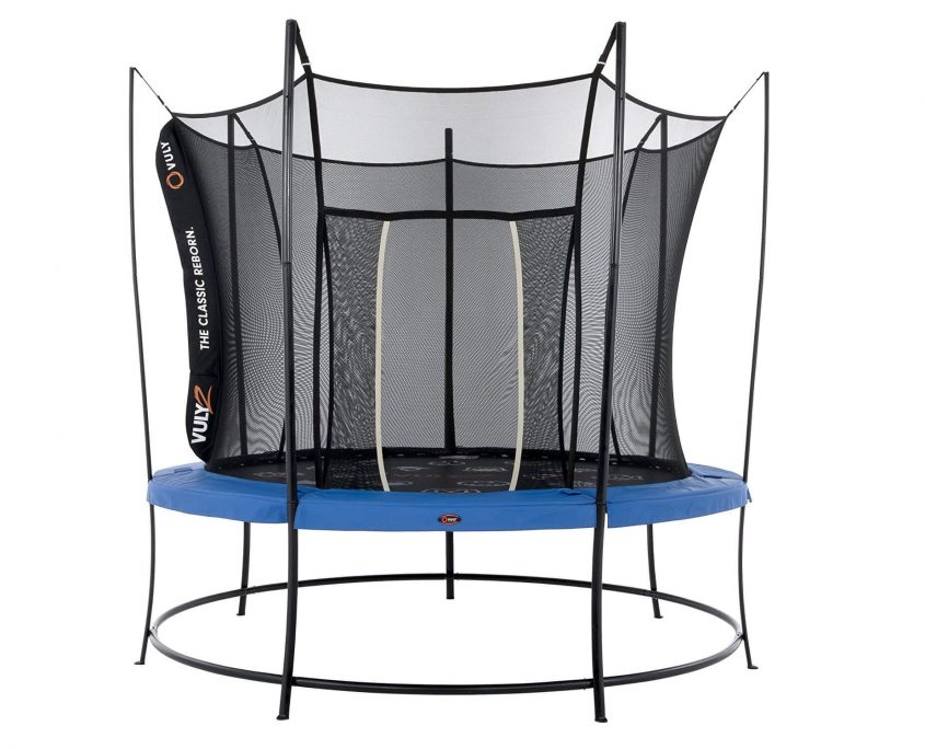 A 12 foot Vuly 2 trampoline with black base, blue safety pad, and black safety enclosure