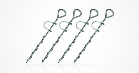 Four Vuly trampoline anchors against a white background