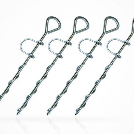 Four Vuly trampoline anchors against a white background