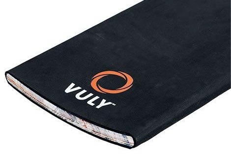 A crosss-section of a Vuly Skate Deck, black with logo