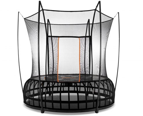 A 10 foot medium Vuly Thunder trampoline with black base and orange accent