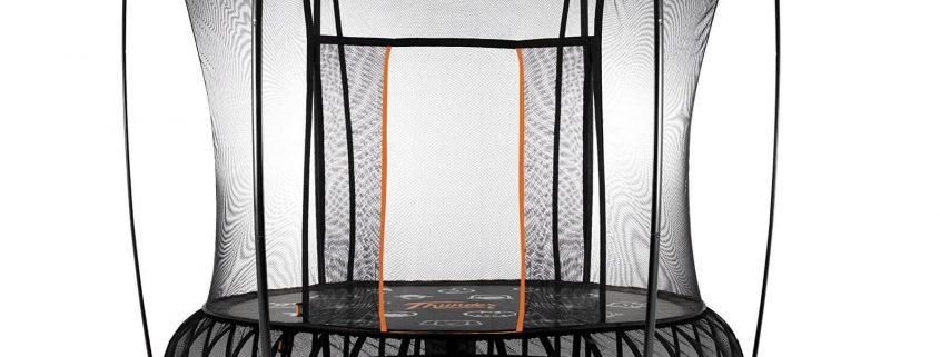 A 10 foot medium Vuly Thunder trampoline with black base and orange accent