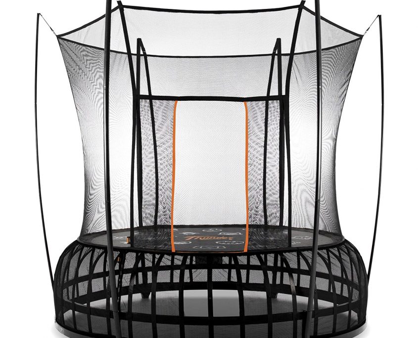 A 10 foot medium Vuly Thunder trampoline with black base and orange accent