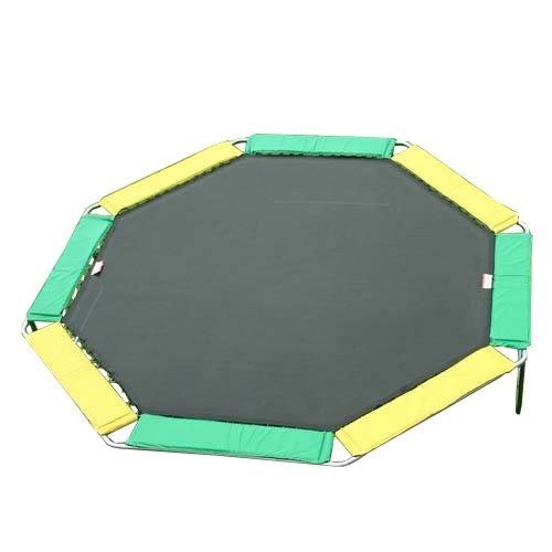 a green and yellow trampoline without safety enclosure against a transparent background
