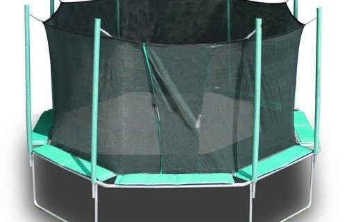 An octagon shaped, green Magic Circle trampoline with safety net against a white background