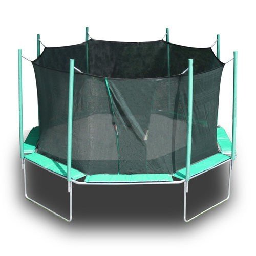 An octagon shaped, green Magic Circle trampoline with safety net against a white background