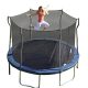 Blond mom jumping on blue Propel trampoline with safety net