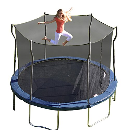 propel-12 Blond mom jumping on blue Propel trampoline with safety net