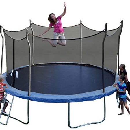 Brunette mom, with kids watching, jumps on a blue Propel Trampoline against white background