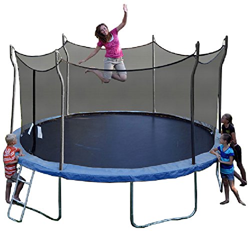 Brunette mom, with kids watching, jumps on a blue Propel Trampoline against white background