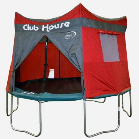 A red trampoline clubhouse on a Propel trampoline against a white background